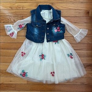 Rare Editions Cream Dress with Red Floral Embroidery